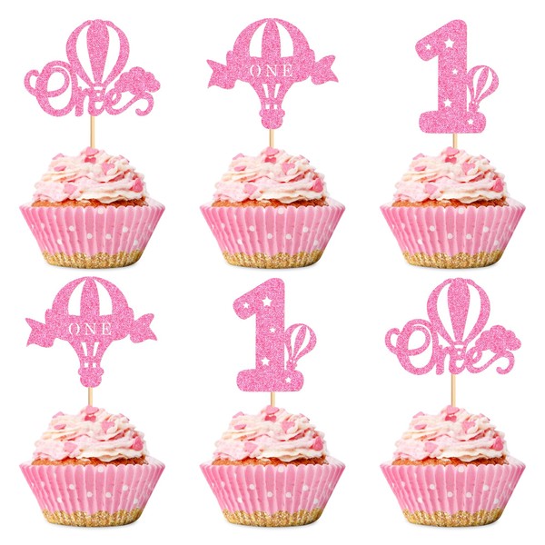 Ercadio - Paquete de 24 globos de aire caliente para decoración de cupcakes, globos de purpurina rosa, 1 para magdalenas, 1 para globos de aire caliente, cumpleaños, baby shower, suministros de decoración para fiestas