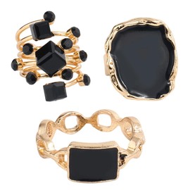 Mikovivi 3pcs Black and Gold Statement Rings, Vintage Large Chunky Cocktail Rings Dripping Oil Black and Gold Jewelry for Women Gift