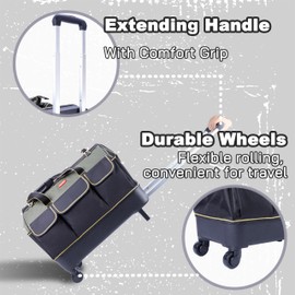 Justzon rolling tool bag with wheels for Electrician HVAC Tool Bag Organizer ，Hidden pull rod, plastic bottom, lightweight