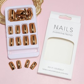 Gold Press on Nails Chrome Metal Fake Nails Glossy Mirror False Nails Metallic Plating Gel Glue on Nails Medium Square Stick on Nails Reflective Mirror Golden Nail Art Tip for Women 24Pcs