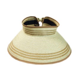 Paper Straw Roll Up Sun Visor Sun Hat with Bow Sun Protection Sport Travel Outdoor (Stripe Beige)