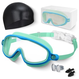 Hurdilen Kids Swim Goggles, Anti-fog, UV Protection and Wide View with Swim Cap for Age 3-15 Youth Boys Girls Toddler