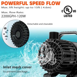 WaterRebirth (2200GPH-120W,UL listed ) PS- High Flow Submersible Water Pump - Pond Pump - Submersible Pump - Water Fountain Pump - Aquarium Pump,PS-2200