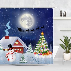 Gaakvrr Christmas Shower Curtain, Winter Season Snowman Xmas Tree Santa Sleigh Moon Present Boxes Snow and Stars, Cloth Fabric Bathroom Decor Set with Hooks 180x180cm