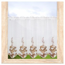 Kitchen Net Curtain Coffee Short Curtain with Coffee Motif Embroidered in White and Brown Vogtland Lace in 2 Heights