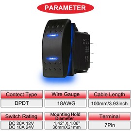 MKBKLLJY 1Pcs Momentary Rocker Switch Toggle (ON)-Off-(ON) 3Position Waterproof DC 12V/20A 24V/10A 7Pin DPDT Blue LED Light with Jumper Wires Set and Cable Ties for Boat Truck Car RV Motorcycle