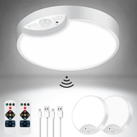 2-Pack Rechargeable Battery Operated Motion Sensor Ceiling Lights with Remotes, 3500K/4500K/6500K, Wireless Dimmable Overhead LED Flush Mount Light for Closet Pantry Shed Stair Hallway