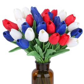 SITUMEIZI 15pcs 4th of July Flowers Tulips Fake Artificial Flowers Silk 14" Patriotc Flower for Independence Day Home Decor Kitchen Floral Arrangements Table Centerpieces(Mix,3)