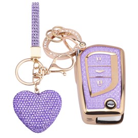 Vicoca for Toyota 3 Buttons key fob cover with Diamond Heart Keychain, Car Accessories TPU for Fortuner Tundra Camry RAV4 Highlander Corolla Smart Key, Gold Purple
