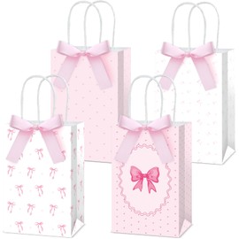 12Pcs Pink Bow Favor Bags with Handle and Pink Bow Knot Paper Gift Bags Coquette Party Favor Bags Candy Goodie Bags for Girls Women Birthday Engagement Baby Bridal Shower Bachelorette Party Supplies
