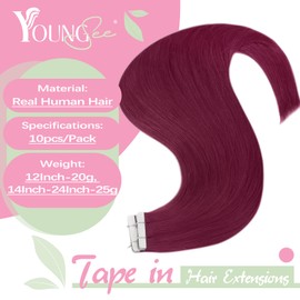 YoungSee Tape in Hair Extensions Magenta Tape Real Hair Extensions Burgundy Tape ins Human Hair Extensions for Party Invisible Tape Hair Extensions for Women Straight Tape in Hair Short 12In 20G 10Pcs