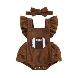 Yccutest Newborn Football Romper Baby Girl Corduroy Overalls Infant Football Onesie Bodysuit Game Day Outfit with Headband (X-Brown, 6-12 Months)