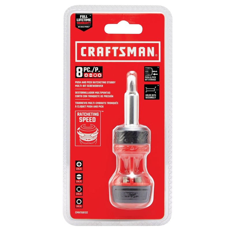 CRAFTSMAN Ratcheting Screwdriver, Stubby Push-n-Pick Set with Multi-Bits, 8 Piece
