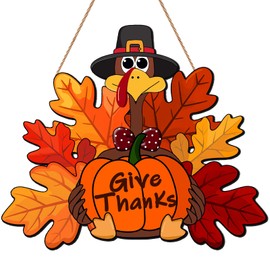 Give Thanks Door Sign Turkey Front Door Decor Turkey Wreath Thanksgiving Wooden Door Hanger, Thanksgiving Wooden Thankful Wreath Decoration for Fall Porch