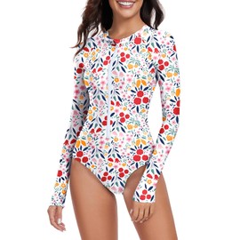 Century Star Long Sleeve Swimsuits Women Rash Guard Surfing Modest One Piece Full Coverage High Neck Athletic Bathing Suit, Pink Floral, 6-8