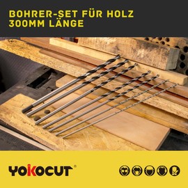 YOKOCUT Wood Drill Bit Set Long Professional – [7 Pieces in Storage] – Auger Drill Bit Diameter 4 mm, 5 mm, 6 mm, 7 mm, 8 mm, 10 mm, 12 mm x 300 mm, Long Formwork Drill, Beam Drill, Long Wood Twist