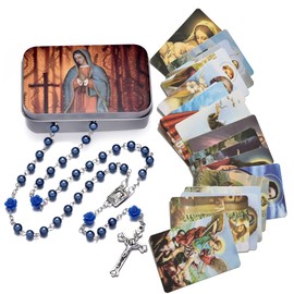 Rosary Beads Catholic for Women and Men, Rose Our Father Beads Saint Medal Cross Crucifix with Metal Box and 18pcs Prayer Cards - Blue