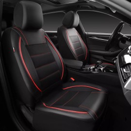 CAR PASS Universal FIT Piping Leather Two Front Seat Covers Black Red