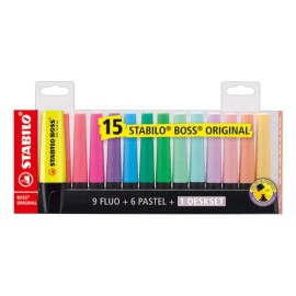 Resaltador Stabilo Boss Pack 15 Colores Surtidos Neón y Pastel Punta Biselada