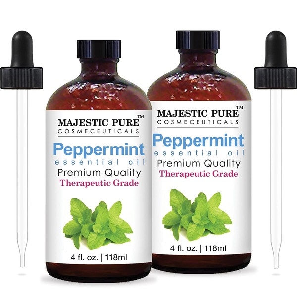 MAJESTIC PURE Peppermint Essential Oil, Therapeutic Grade, Pure and Natural, for Aromatherapy, Massage, Topical & Household Uses, 4 fl oz (Pack of 2)