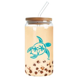 Fenmshairy Sea Turtle Drinking Glass Cup 16 Oz with Bamboo Lid and Straws, Iced Coffee Beer Cocktail Glass Tumbler, Holiday Christmas Birthday Gift for Dad Mom Sister Friends Bestie