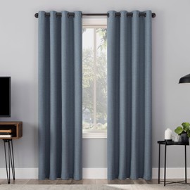 Sun Zero Channing Grid Texture Draft Shield Fleece Insulated Total Blackout Grommet Curtain Panel, 50" x 84", Blue
