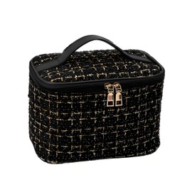 GOSATYUM Plaid Travel Makeup Bag, Portable Toiletries Organizer, Bathroom Storage Case (Black)