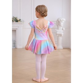 MdnMd Girls Dance Ballet Leotards Dresses for Toddler Ballerina Outfit Skirt Hollow Knot Back Flutter Sleeve (Rainbow-Butterfly, 6-8 Years)