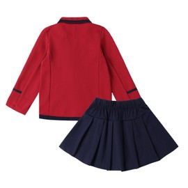 Mud Kingdom Little Girl Badge Red Blazer Long Sleeve with Bowtie and Pleated Plaid Skirt Navy Blue School Uniform Size 7-8