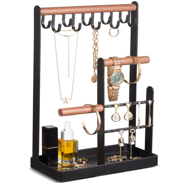 ProCase Jewelry Organizer Stand Necklace Holder, 4-Tier Jewelry Tower Rack with Earring Tray, 10 Hooks Necklaces Hanging Small Jewelry Display Storage Tree for Bracelets Earrings Rings Watches -Black