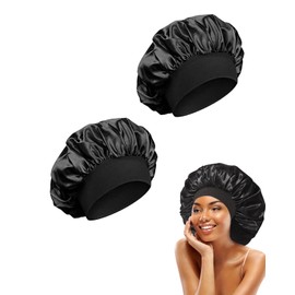 KGDUYC Pack of 2 Satin Bonnet Night Sleep Cap Headgear Sleep Hat Adjustable Soft Hat Sleep Cap Silk with Elastic Band for Women and Girls - Black, black