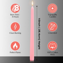 12 Pack Pink Taper Candles - Taper Candles 10 Inch Dripless, Smokeless & Unscented - 8 Hours Long Burning - Tall Candlesticks - Ideal for Weddings, Dinner Parties, Home Decor, Birthday Party