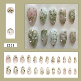 Green Press on Nails Medium Almond Fake Nails with 3D Pearl Rhinestones Designs Gold French Tips Flower False Nails Acrylic Nails White Floral Full Cover Glossy Stick on Nails for Women 24Pcs