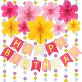 Paper Fan Decoration, Pink Paper Flowers, Hanging Party Decoration, Birthday Decoration, Girls, Summer Party, Birthday Decoration, Wedding, Tea Party Table Decoration (Pink + Yellow)