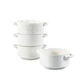 Sureasy Soup Bowls with Handles, Ceramic French Onion Soup Bowls 20 oz, Oven Safe Soup Crocks for Beef Stew, Chili, Cereal, Pot Pies, Embossed Serving Bowls Set of 4, Gift, White