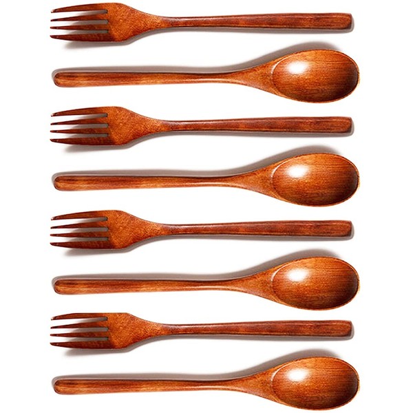 Set of 8 Wooden Cutlery, Wooden Fork, Wooden Spoon, Wooden Spoon, Wooden Kitchen Utensils, Reusable Natural Wooden Spoon Fork Set, for Party, Banquet, Buffet, Catering, Everyday Life, Brown