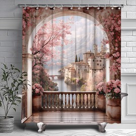 Italian Shower Curtain Pink Mediterranean Italian Landscape with Tuscan Villa Scene Pink and White Floral Design Rustic Asian Pink Flowers 70" Wx70 H inches Polyester Fabric Bath Decorative Curtain