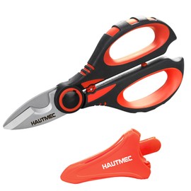 HAUTMEC Electrician Scissors, 6-1/4" Professional Electrician Shears with Stainless Serrated Blade, Cable Shears With Crimp, Notch Blade With Sheath, Comfortable Reinforced Fiberglass Handle,HT0416