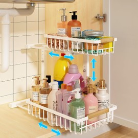 REALINN Under Sink Organizer, Height Adjustable Under Sink Organizers and Storage, 2 Tier Pull Out Drawer Cabinet Organizer for Kitchen Bathroom, 1 Pack, White