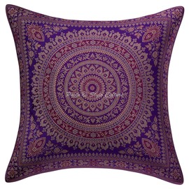 Stylo Culture Ethnic Brocade Decorative Lounge Sofa Cushion Covers 40 x 40 cm Purple Gold 16 x 16 Jacquard Polydupion Silk Home Decor Mandala Flowers Square Pillowcase Set of 2