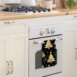 Tzhim Black and Gold Christmas Kitchen Towels, Gold Christmas Tree Hand Towels, Christmas Dish Towels Dishcloths Tea Towels for Kitchen, Black and Gold Kitchen Bathroom Decor, 16x24inch