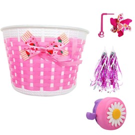Liyamobu 4pcs Children's Bike Accessories-1 pc Girl's Bicycle Bell with 2 pcs Kids Bike Streamers,1pc Bike Front Handlebar Basket, and 1pc Long Pole Bike Windmill
