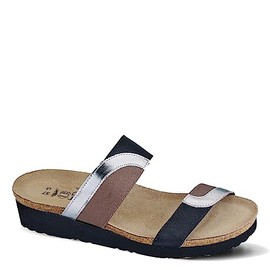 NAOT Footwear Women's Frankie Sandal Silver Mirror Lthr/Gloss Black Stretch/Khaki Patina Elastic 10 M US
