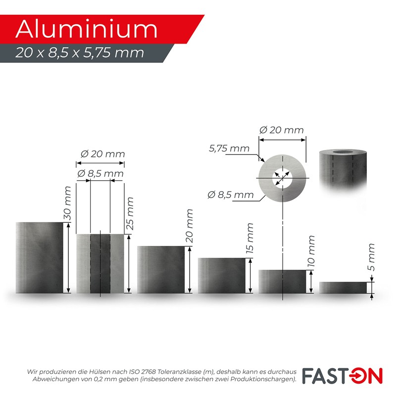 FASTON Aluminium Spacer Sleeves M8 Inner Diameter 8.5 mm (Pack