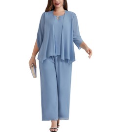 Hanna Nikole Women's Large Sizes Chiffon Evening Suit Sets Cocktail Party Festive Elegant 3-Piece Set Shirt and High Waist Trouser Suit, grey / blue