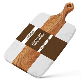 Enhance Your Kitchen with Our Durable Acacia Wood and Marble Tray and Ergonomic Wood-Marble Cutting Board, Perfect Stone Cutting Board for Home Chefs, Busy Families & Health-Conscious Cooks