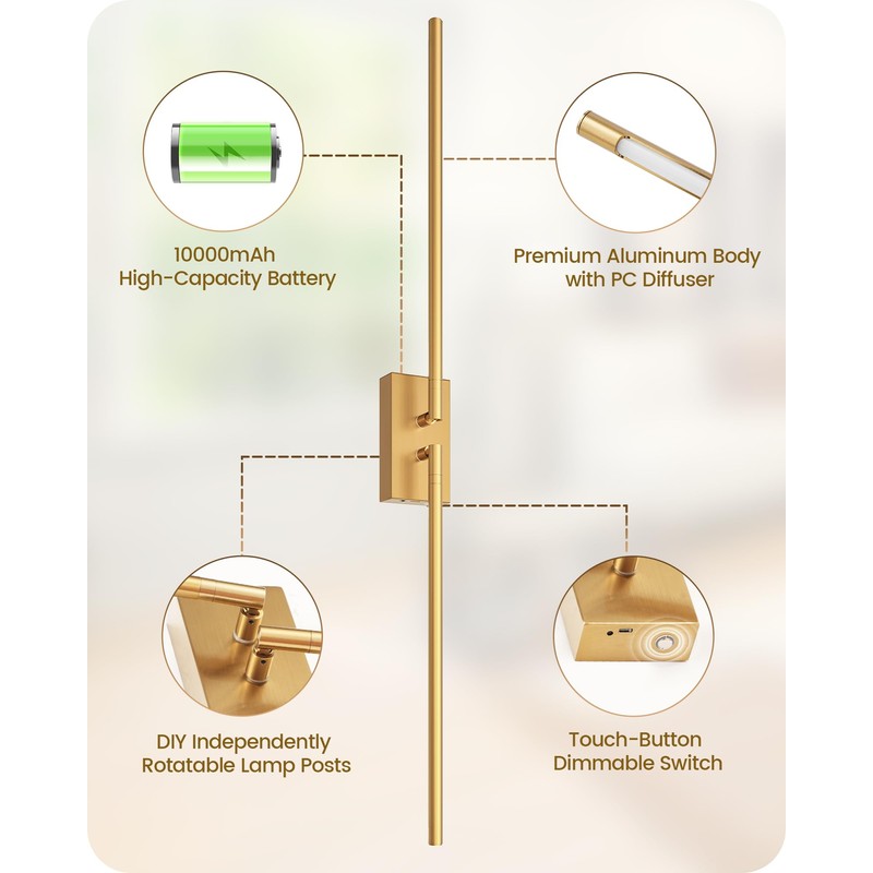 GOEBLESON 38.6" Wireless Battery Operated Wall Sconces Set of Two,Rechargeable