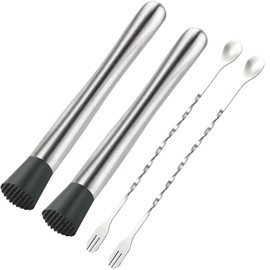 4Pcs 10'' Muddler and Spoon Set for Cocktails 304 Stainless Steel Fruit Smasher Home Bar Bartender Accessories Stirrers Mixing Tools for Mojitos Drinks Lemonade Stand Supplies
