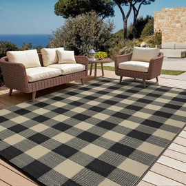 COZYLOOM Outdoor Plastic Straw Rug 8x10 Waterproof Outdoor Patio Rug Geometric Champing Rug Checkered Outdoor Carpet Reversible Rug for Rv Baclony Picnic Backyard Deck Porch Beach, Coffee
