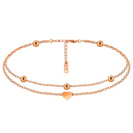 Kim Johanson Zoe Stainless Steel Women's Anklet in Silver, Gold & Rose Gold Double Row Anklet with Balls and Heart Pendant Coins Women Boho Jewellery Waterproof Adjustable Includes Jewellery Bag,